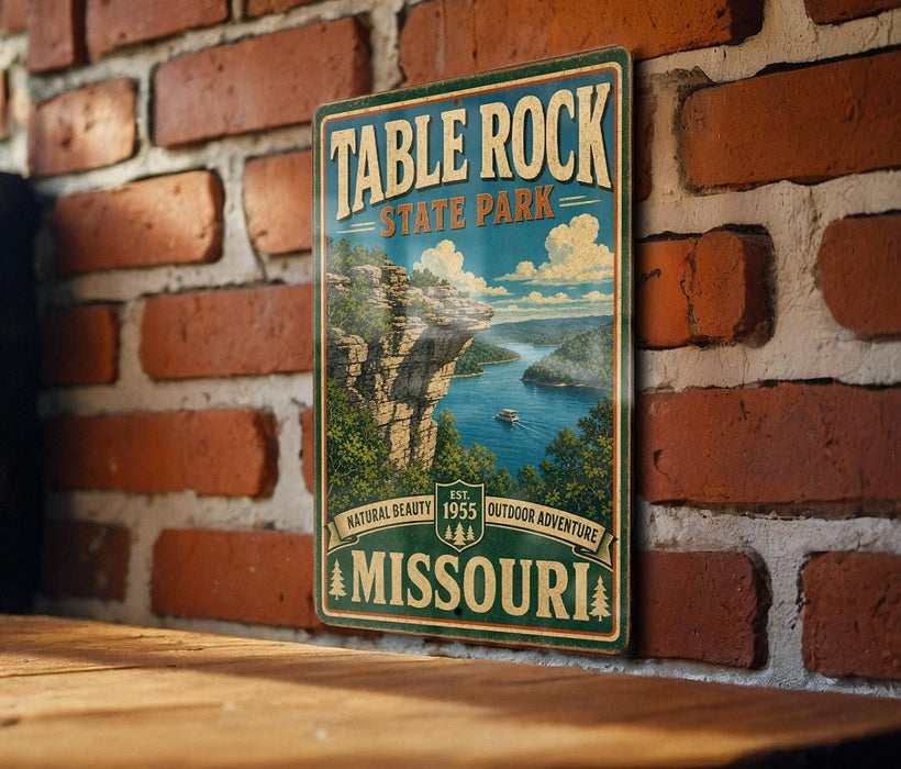 A vintage-style sign for Table Rock State Park in Missouri, featuring a scenic landscape with mountains, water, and a boat.
