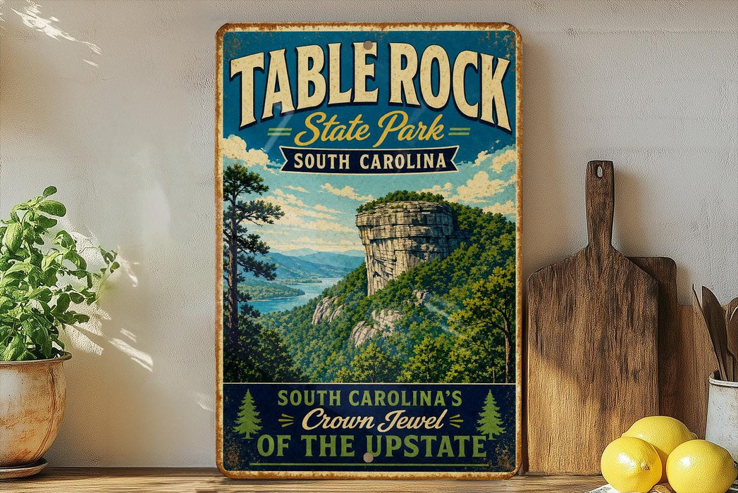 A vintage-style sign for Table Rock State Park in South Carolina, featuring a scenic mountain landscape with a waterfall.