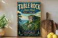 A vintage-style sign for Table Rock State Park in South Carolina, featuring a scenic mountain landscape with a waterfall.