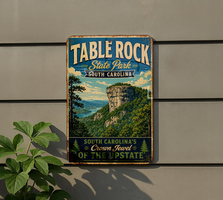 A vintage-style sign for Table Rock State Park in South Carolina, featuring a scenic mountain landscape with a waterfall.
