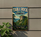 A vintage-style sign for Table Rock State Park in South Carolina, featuring a scenic mountain landscape with a waterfall.