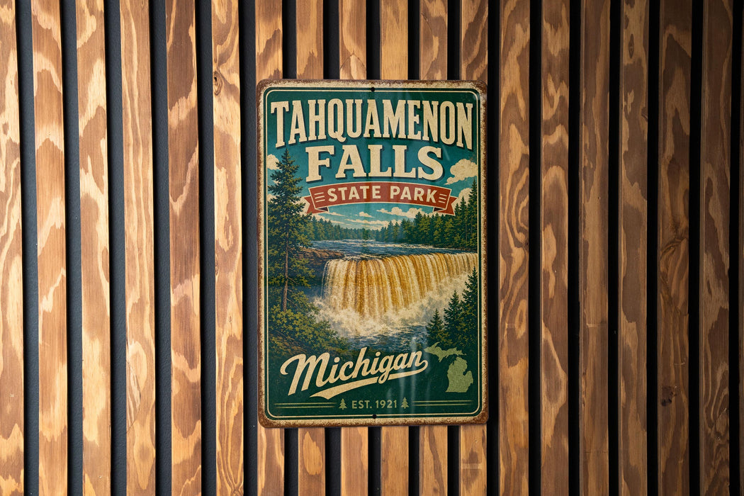 A vintage metal sign for Tahquamenon Falls State Park in Michigan, featuring a waterfall and forest landscape.