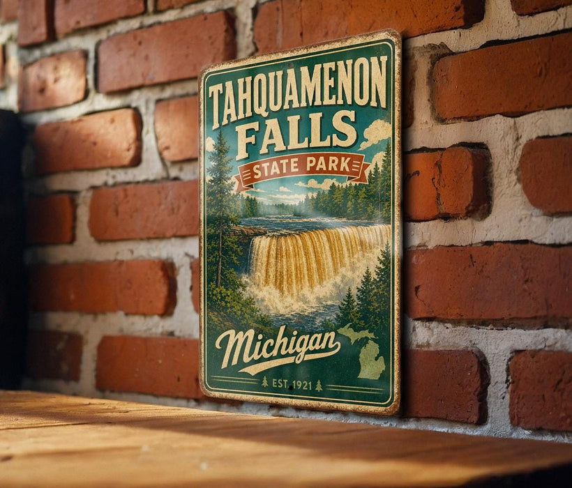 A vintage-style metal sign for Tahquamenon Falls State Park in Michigan, featuring a waterfall and forest landscape.