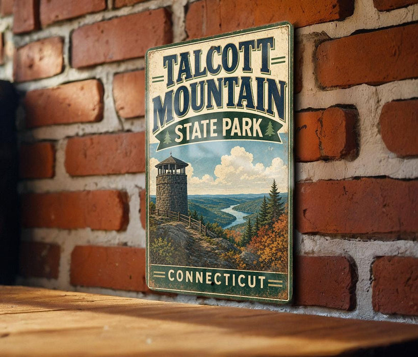 A vintage metal sign for Talcott Mountain State Park in Connecticut, featuring a scenic mountain landscape with a lookout tower.