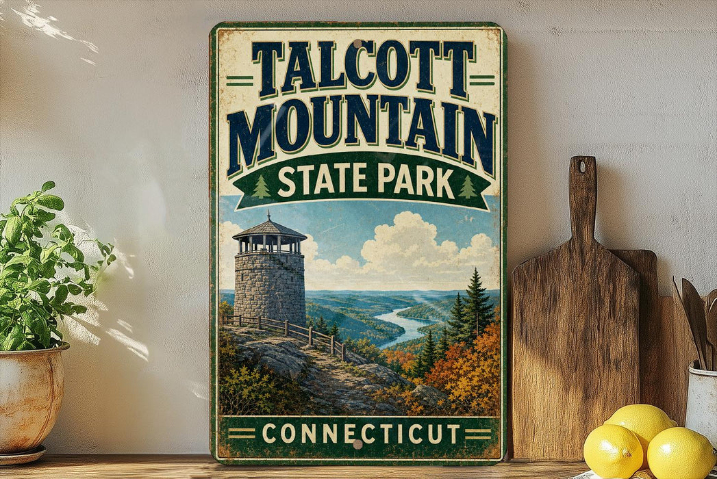 A vintage metal sign for Talcott Mountain State Park in Connecticut, featuring a scenic mountain landscape with a lookout tower.