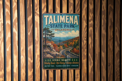 A vintage metal sign for Talimena State Park in Oklahoma, featuring a scenic landscape with a winding road and autumn foliage.