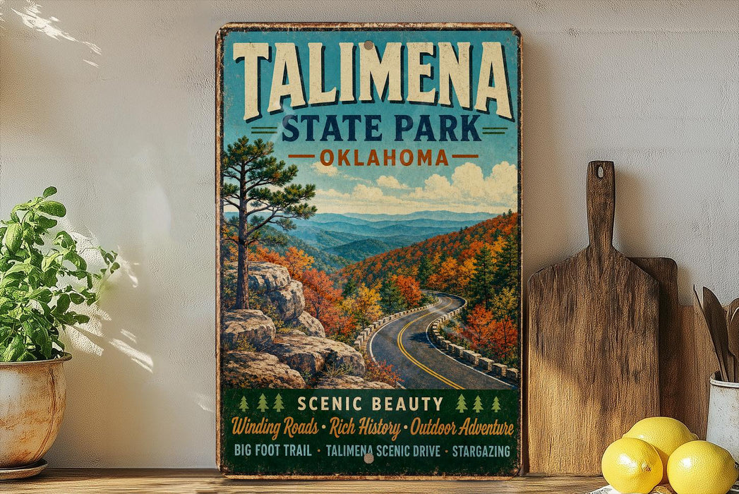 A vintage-style sign for Talimena State Park in Oklahoma, featuring a scenic mountain landscape with winding roads and autumn foliage.