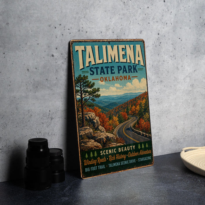 A vintage-style sign for Talimana State Park, Oklahoma, featuring a scenic mountain landscape with a winding road and autumn foliage.
