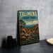 A vintage-style sign for Talimana State Park, Oklahoma, featuring a scenic mountain landscape with a winding road and autumn foliage.