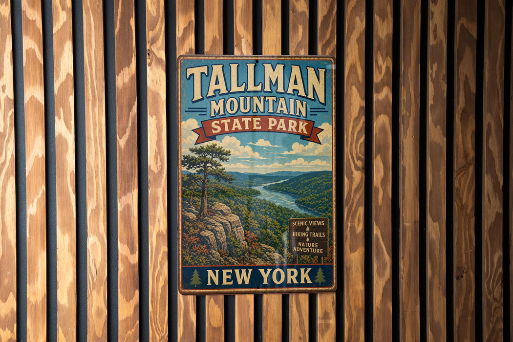 A vintage metal sign for Tallman Mountain State Park in New York, featuring a scenic mountain landscape and text indicating the park's location and attractions.