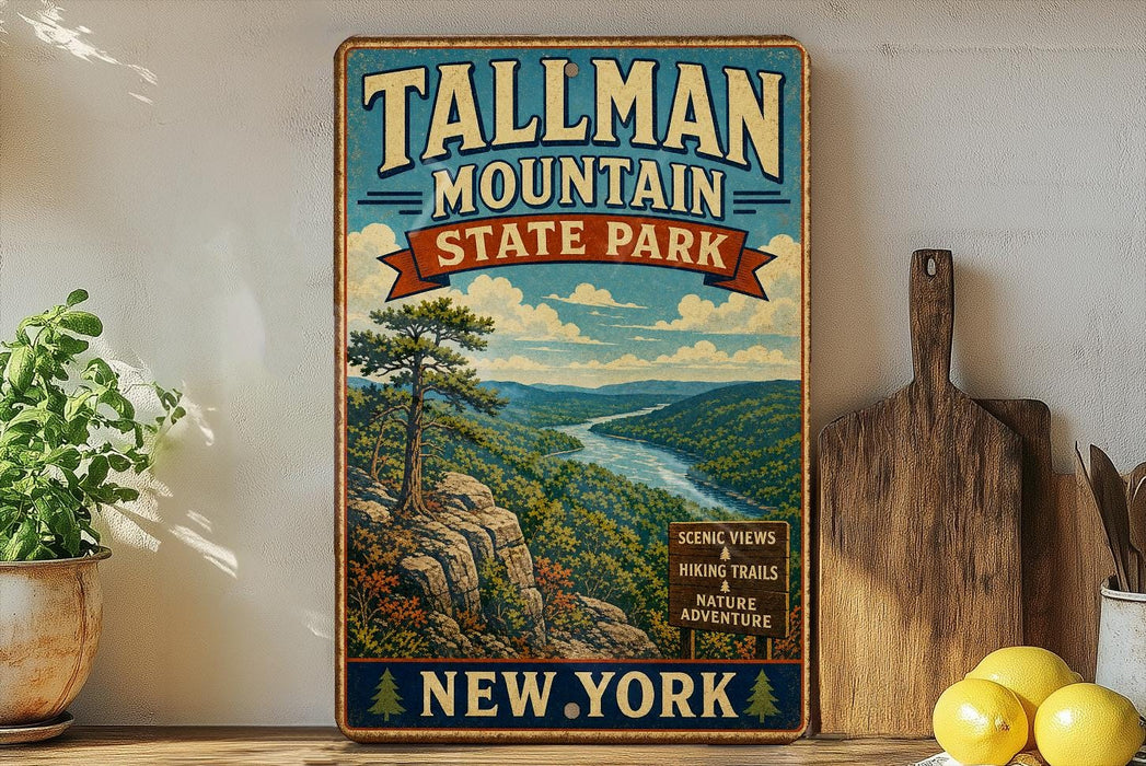 A vintage-style sign for Tallman Mountain State Park in New York, featuring a scenic mountain landscape with a river and pine trees.