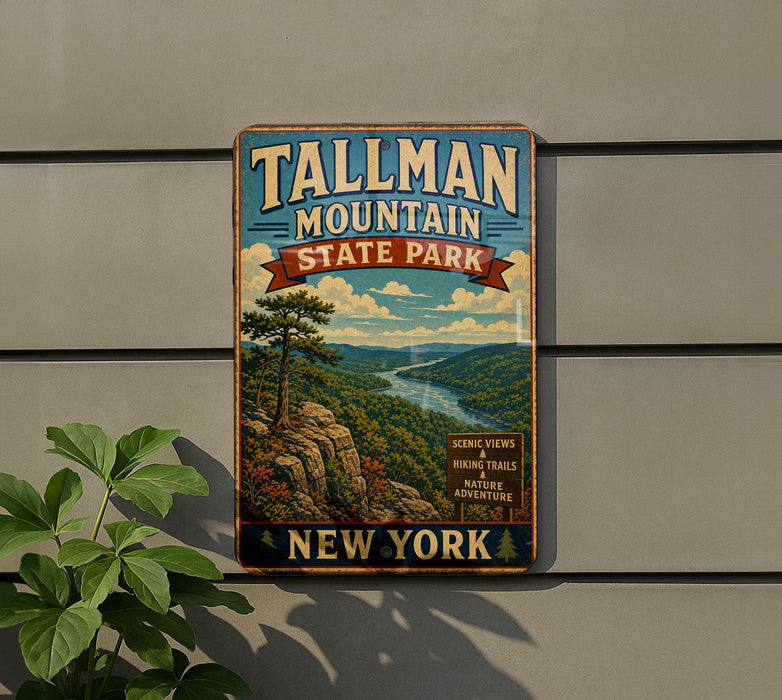 A vintage metal sign for Tallman Mountain State Park in New York, featuring a scenic mountain landscape with a river and pine trees.