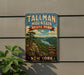 A vintage metal sign for Tallman Mountain State Park in New York, featuring a scenic mountain landscape with a river and pine trees.