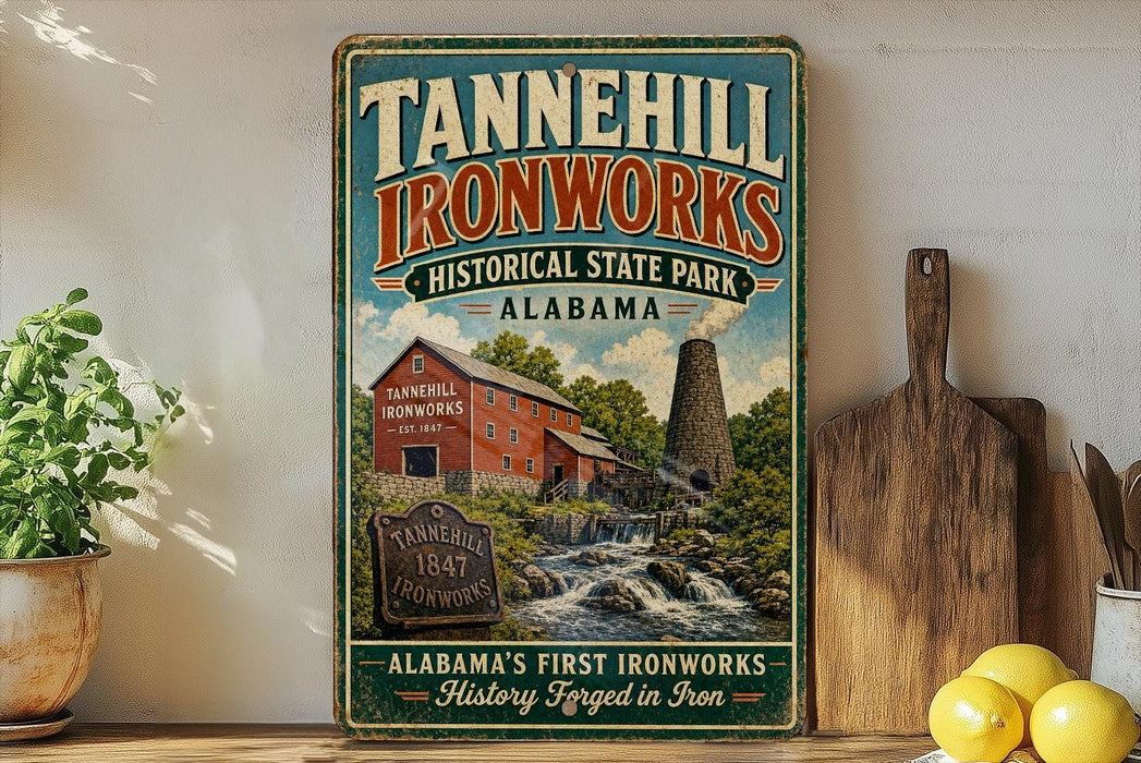 A vintage-style sign for Tannehill Ironworks, a historic ironworks in Alabama, featuring a red brick building and a mill with a waterwheel.
