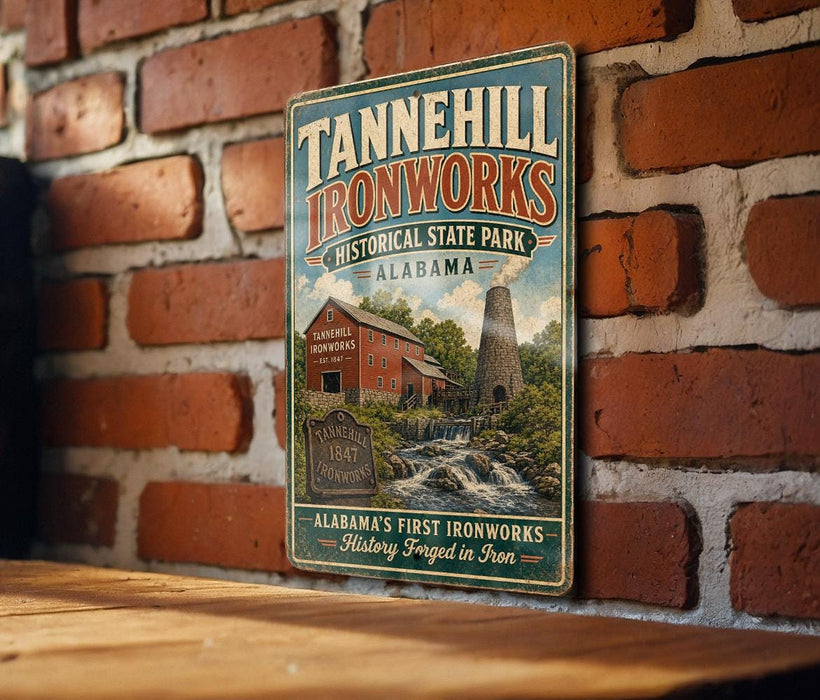 A vintage-style metal sign for Tannehill Ironworks, a historic ironworks in Alabama, is displayed on a brick wall.
