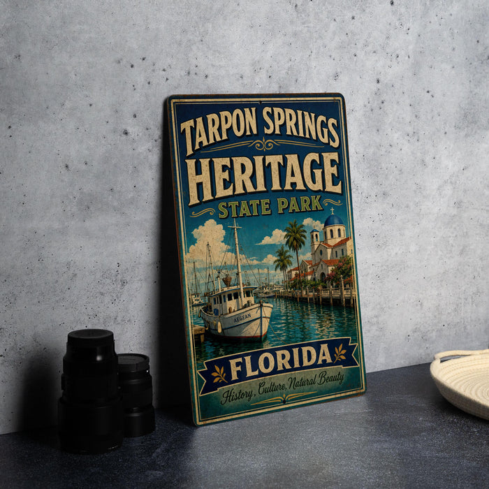 A vintage-style metal sign for Tarpon Springs Heritage State Park in Florida, featuring a boat and palm trees, is displayed on a gray countertop next to a stack of black camera lenses.