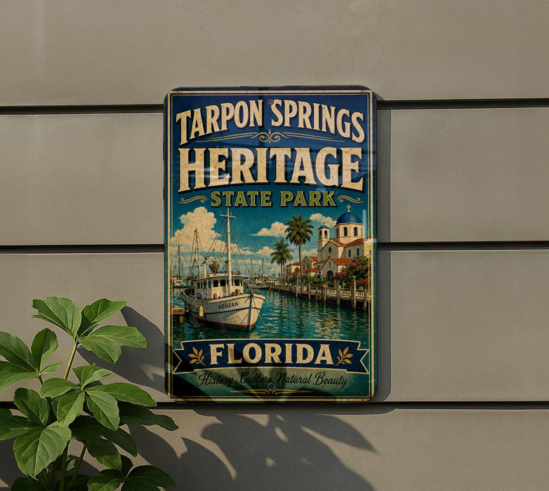 A vintage-style metal sign for Tarpon Springs Heritage State Park in Florida, featuring a boat and palm trees, mounted on a wall.