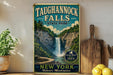 A vintage-style sign for Taughannock Falls, a waterfall located in New York State Park, with a scenic illustration of the waterfall and surrounding landscape.