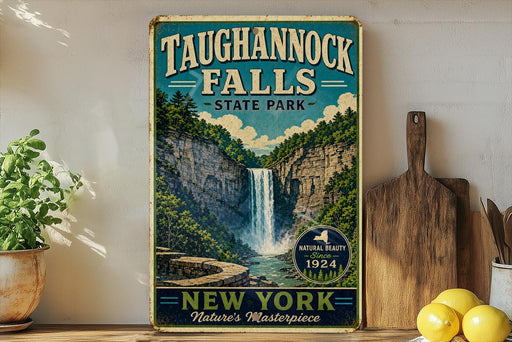 A vintage-style sign for Taughannock Falls, a waterfall located in New York State Park, with a scenic illustration of the waterfall and surrounding landscape.