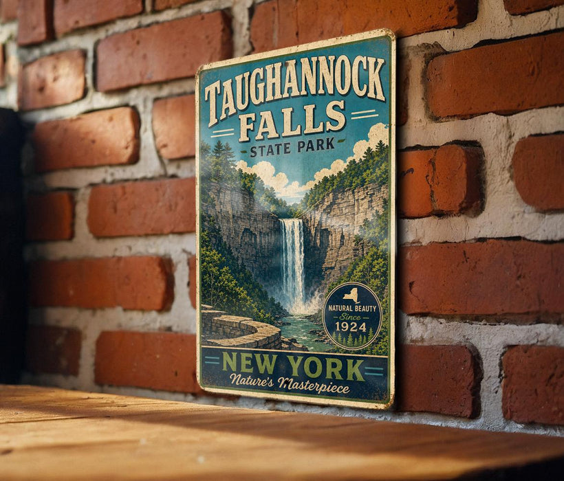 A vintage-style metal sign for Taughannock Falls State Park in New York, featuring a waterfall and lush greenery.