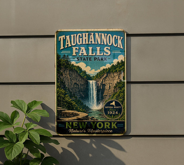 A vintage-style metal sign for Taughannock Falls State Park, featuring a waterfall and lush greenery, is displayed on a wall.