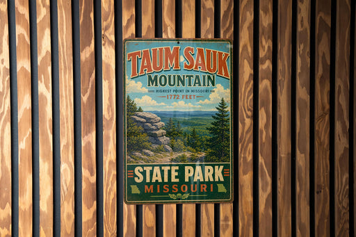 A vintage metal sign for Taun sauk Mountain, the highest point in Missouri, is displayed on a wooden wall.