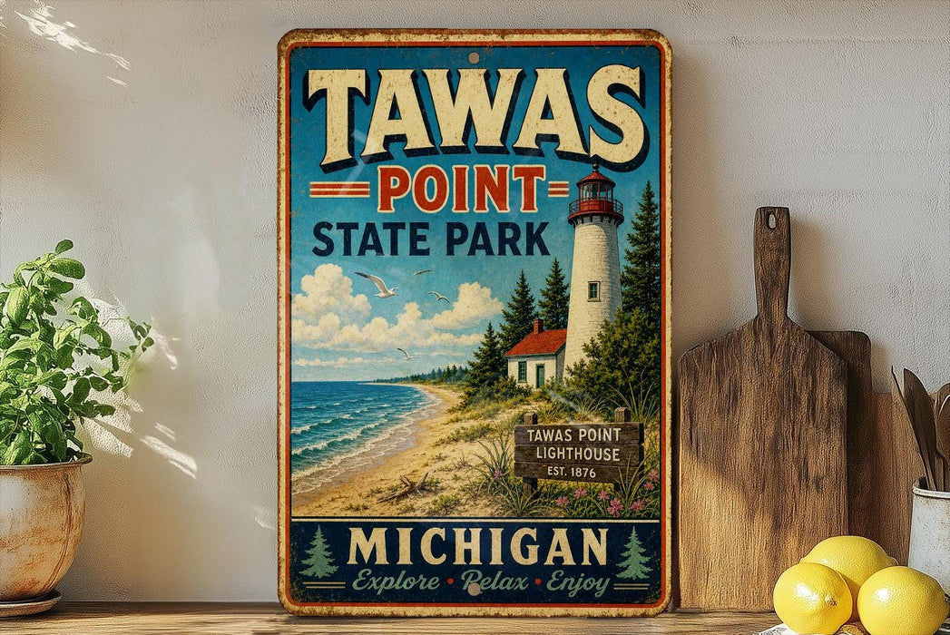 A vintage-style metal sign for Tawas Point State Park in Michigan, featuring a lighthouse and a beach scene.