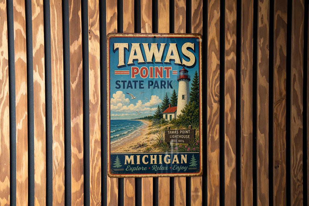 A vintage metal sign for Tawas Point State Park in Michigan, featuring a lighthouse and a beach scene.