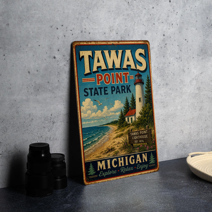 A vintage-style metal sign for Tawas Point State Park in Michigan, featuring a lighthouse and a beach scene.