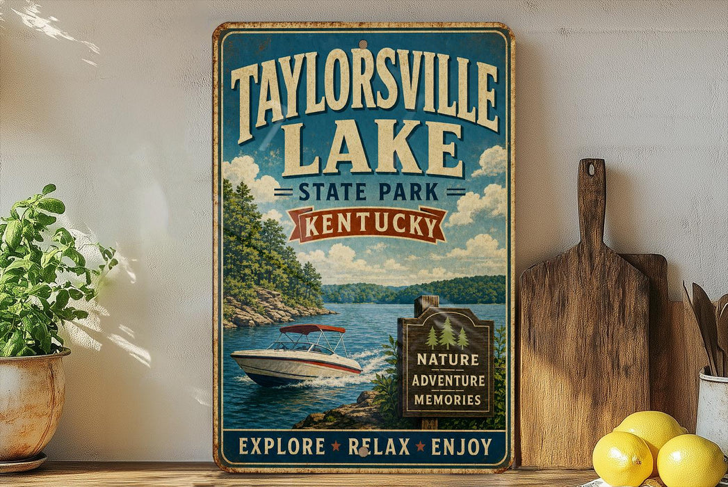 A vintage-style sign for Taylorville Lake State Park in Kentucky, featuring a boat on the lake and a scenic landscape.