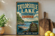 A vintage-style sign for Taylorville Lake State Park in Kentucky, featuring a boat on the lake and a scenic landscape.