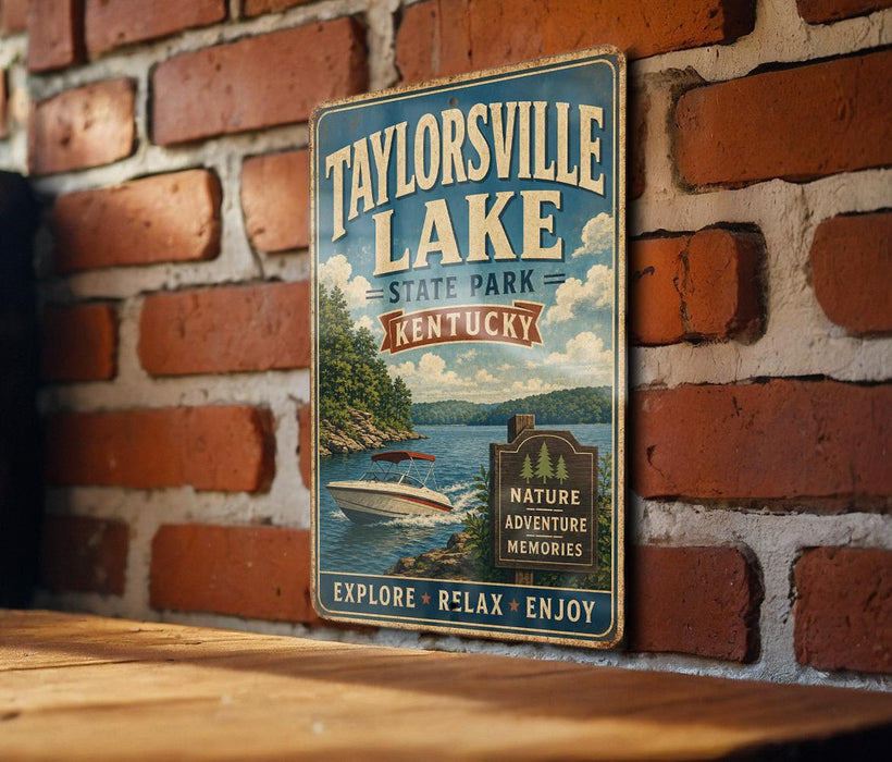 A vintage-style metal sign for Taylorville Lake State Park in Kentucky, featuring a scenic illustration of a lake, boats, and a sign welcoming visitors to explore, relax, and enjoy the natural surroundings.