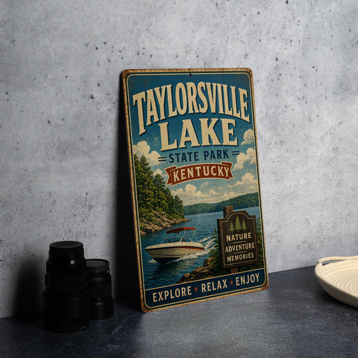 A vintage-style sign for Taylorville Lake State Park in Kentucky, featuring a scenic image of a lake and boats.