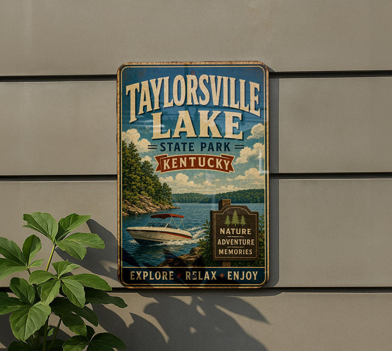 A vintage-style metal sign for Taylorville Lake State Park in Kentucky, featuring a scenic image of a lake and boats.
