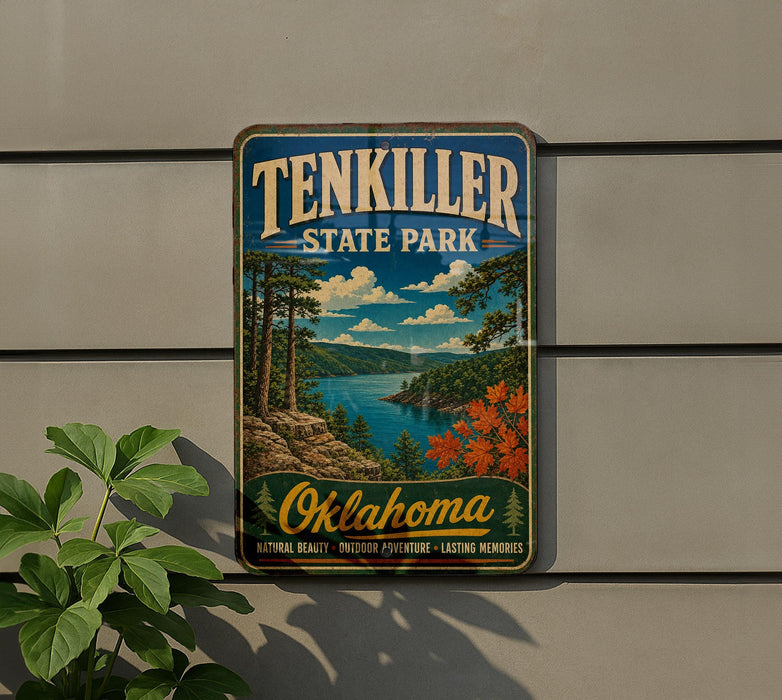 A vintage-style sign for Ten Killer State Park in Oklahoma, featuring a scenic landscape with a lake, mountains, and autumn foliage.