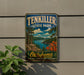 A vintage-style sign for Ten Killer State Park in Oklahoma, featuring a scenic landscape with a lake, mountains, and autumn foliage.