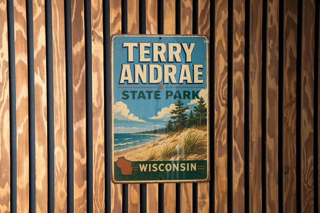 A vintage-style metal sign for Terry Andrea State Park in Wisconsin, featuring a scenic landscape with a beach, mountains, and trees.