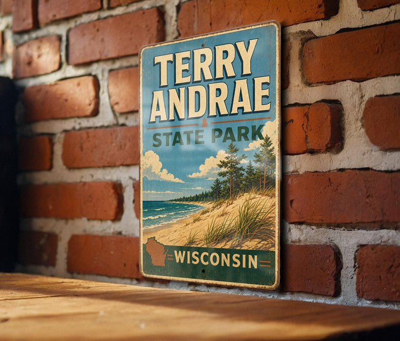 A vintage-style metal sign for Terry Andrea State Park in Wisconsin, featuring a scenic landscape with a beach, mountains, and pine trees.