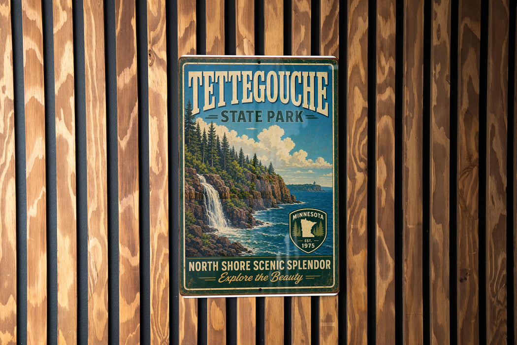 A vintage-style metal sign for Tettegouche State Park, featuring a scenic image of a waterfall and a forested landscape.