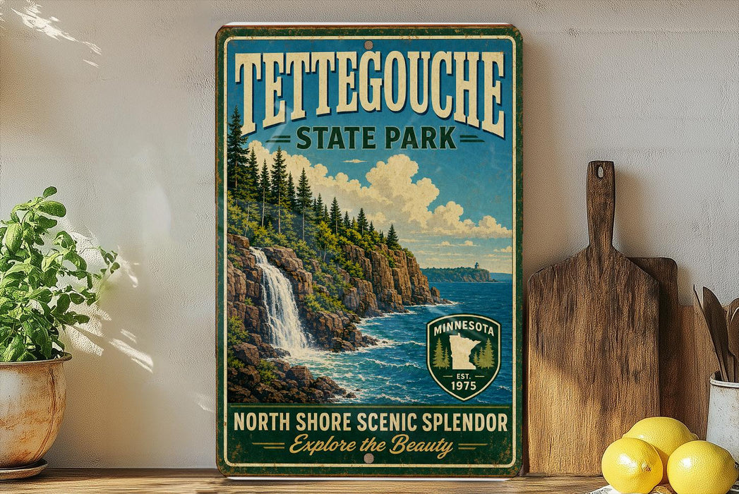 A vintage-style metal sign for Tettegouche State Park, featuring a scenic image of a waterfall and pine trees, is displayed on a shelf next to a wooden cutting board and some lemons.