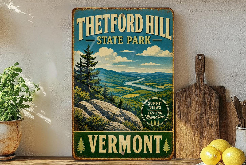 A vintage-style metal sign for Theftord Hill State Park in Vermont, featuring a scenic mountain landscape with pine trees and a winding river.