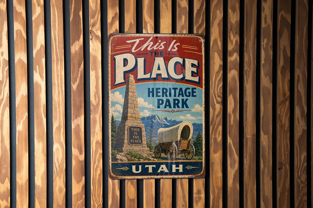 A vintage-style metal sign that reads "This is the PLACE Heritage Park" and "UTAH" is displayed on a wooden wall.