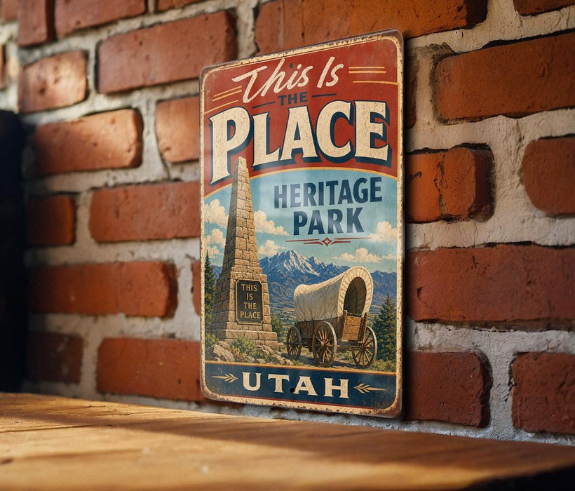 A vintage-style metal sign with the text "This is the PLACE" and "Heritage Park" hangs on a brick wall.