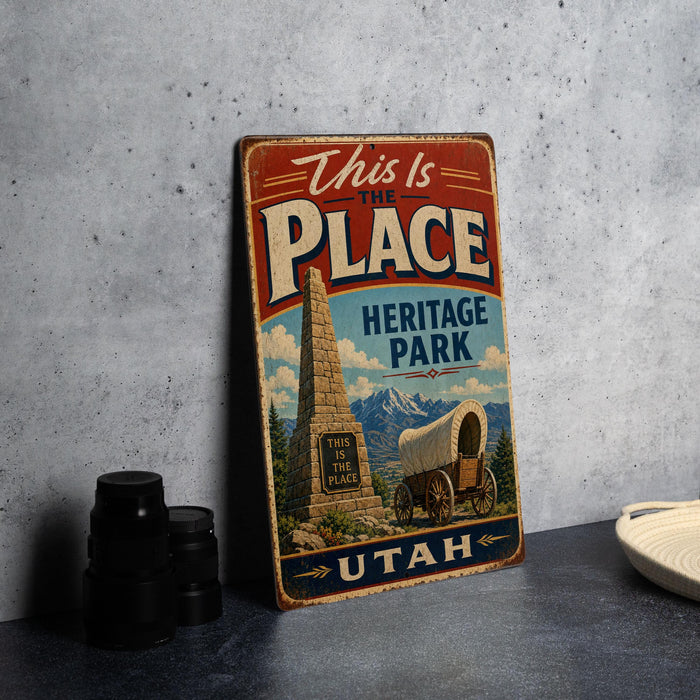 A vintage-style sign for Heritage Park in Utah, featuring a wagon and a monument, is displayed on a gray countertop next to some black camera lenses.