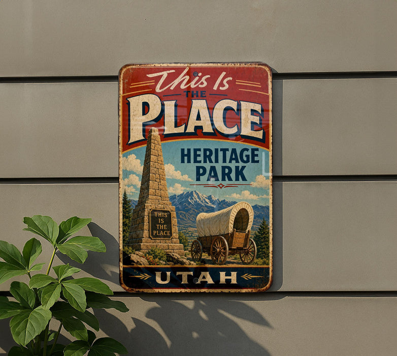 a vintage-style sign for Heritage Park in Utah, with a wagon and a monument depicted on the sign.