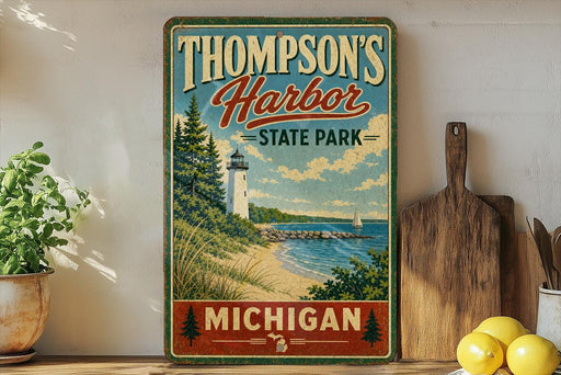 A vintage-style sign for "Thomson's Harbor State Park" in Michigan, featuring a lighthouse and a scenic coastal landscape.