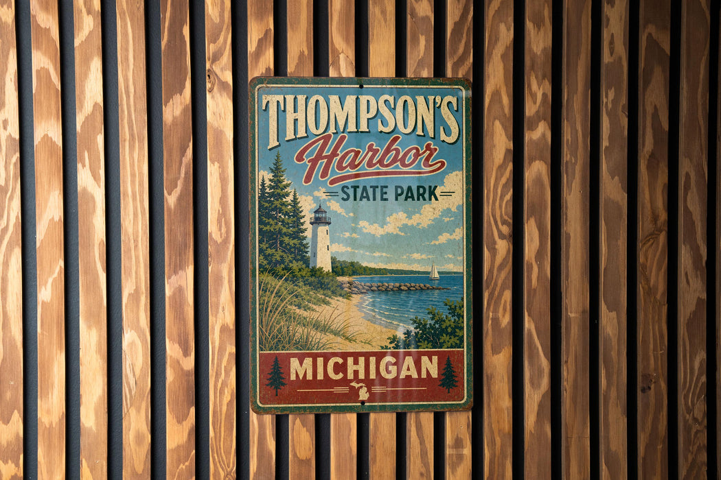 A vintage-style metal sign for Thompson's Harbor State Park in Michigan, featuring a lighthouse and a scenic landscape.