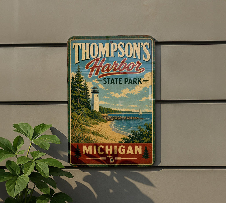 A vintage-style sign for Thompson's Harbor State Park in Michigan, featuring a lighthouse and a beach scene.