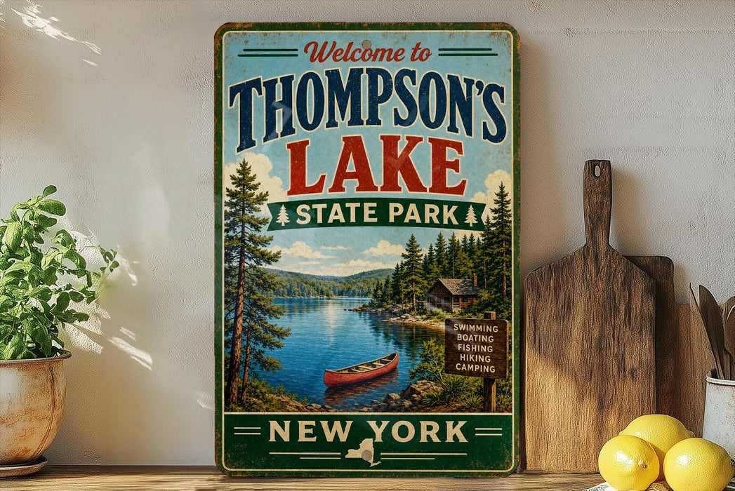 A vintage-style metal sign welcoming visitors to Thompson's Lake State Park in New York, featuring a scenic image of the lake and surrounding forest.