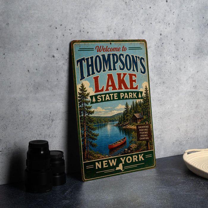 A vintage-style metal sign welcoming visitors to Thompson's Lake State Park in New York.